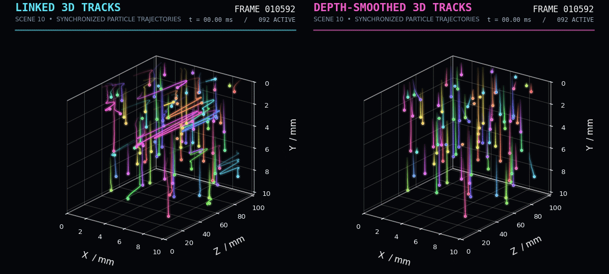 Synchronized comparison of linked three-dimensional particle tracks and depth-smoothed tracks